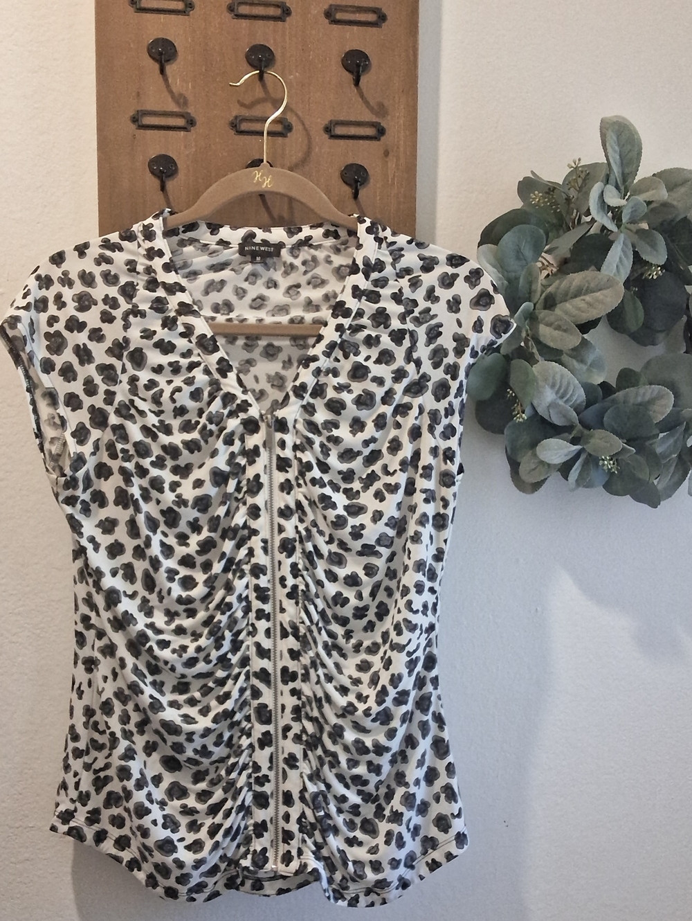 Nine West White and Black Leopard-Print Ruched V-Neck Blouse